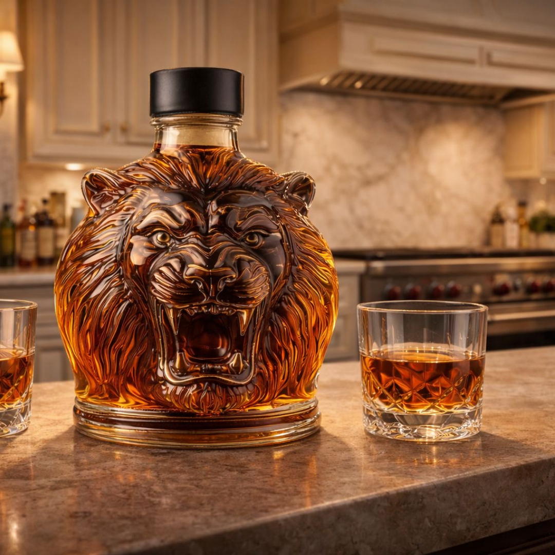 Flasque à whisky Danoir Paris édition spéciale Lion, bouteille en acier inoxydable avec design de lion gravé pour collection.