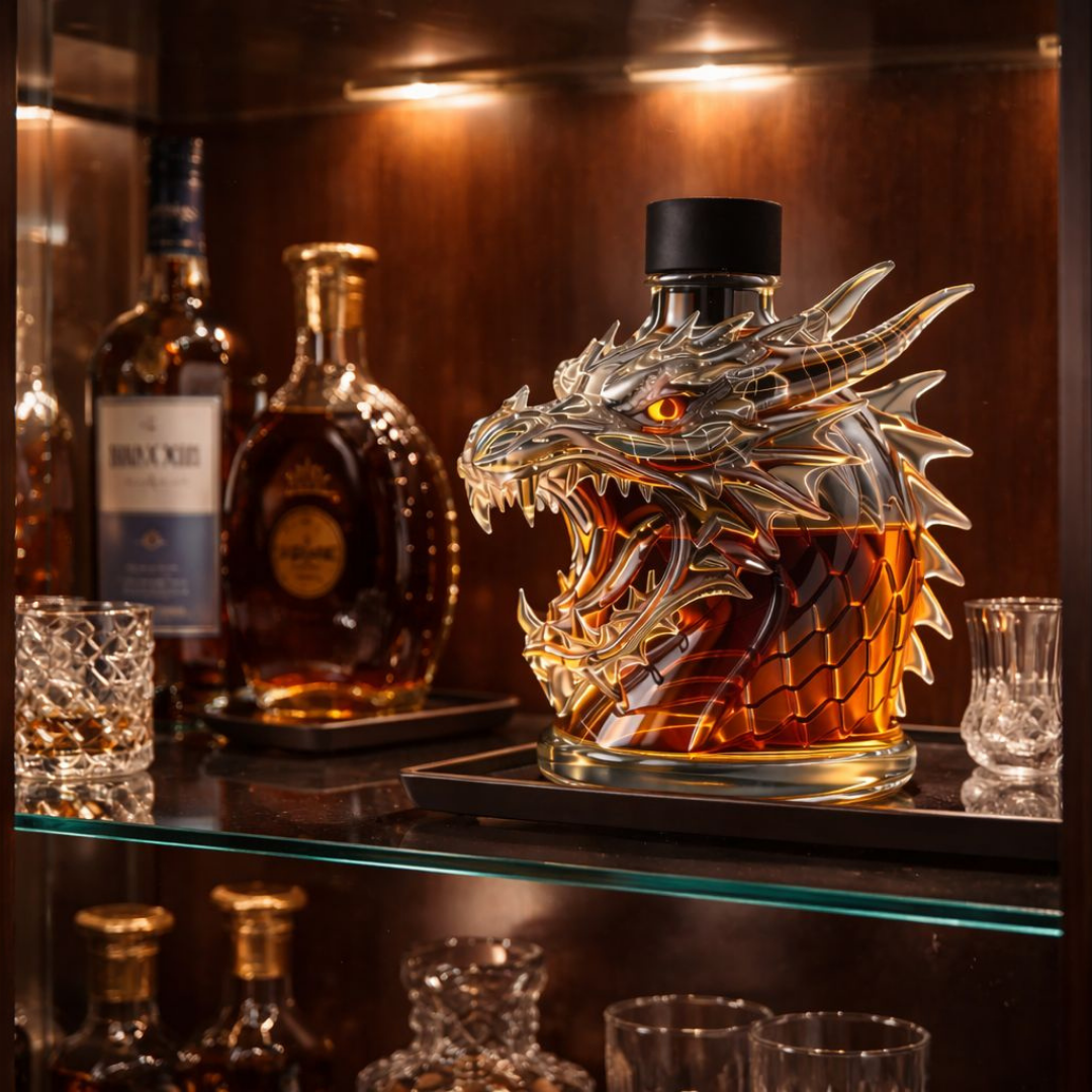 Flasque à whisky Danoir Paris Dragon édition spéciale, bouteille de whisky avec motif dragon, design élégant et détaillé.
