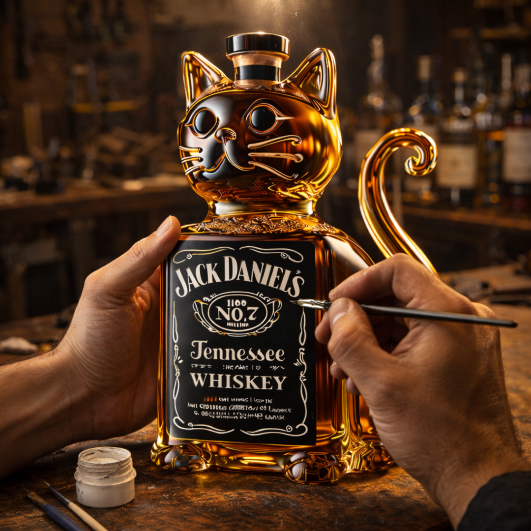 Flasque à whisky Danoir Paris édition chat, bouteille en verre avec design de chat, pour stockage de whisky.