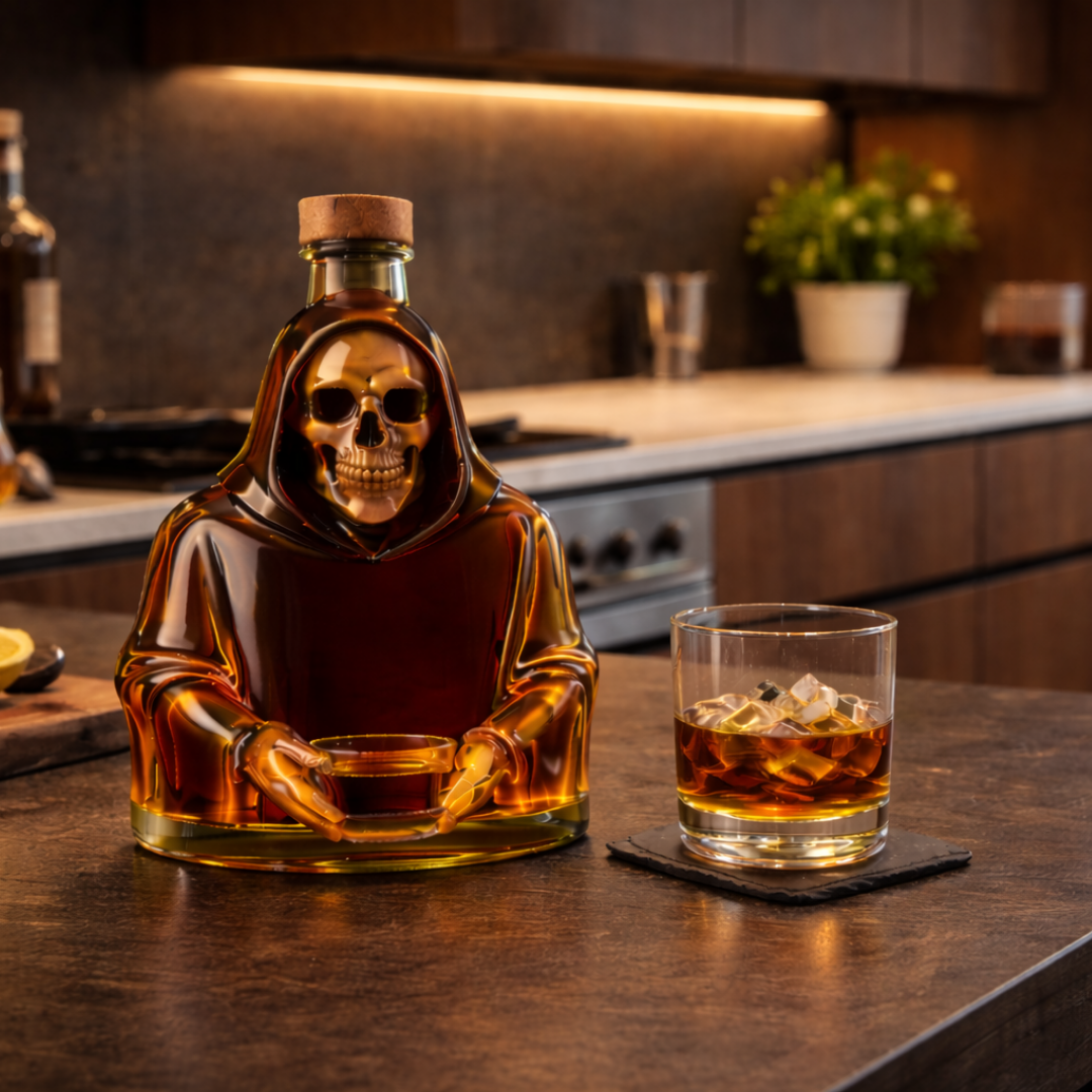 Flasque de whisky Dood Special Edition de la marque Danoir Paris, avec design élégant en verre transparent.