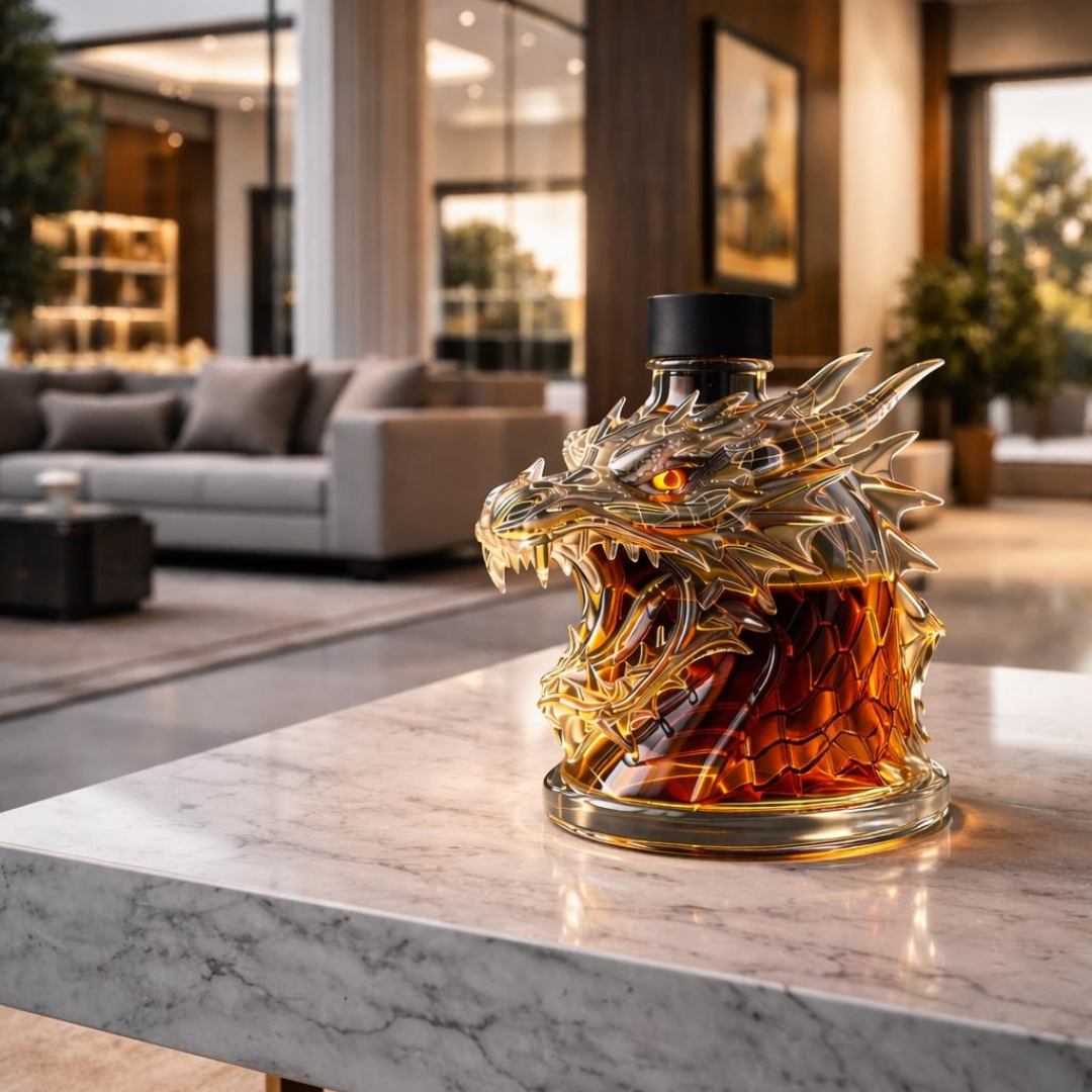 Flasque à whisky Danoir Paris édition spéciale Dragon, bouteille en verre avec design de dragon, pour collection ou usage.