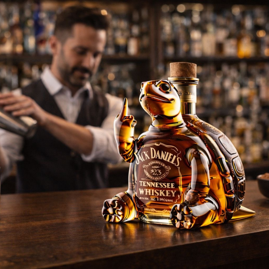 Flasque à whisky Jack Daniel's Turtle édition limitée de Danoir Paris, design en forme de tortue en métal argenté.