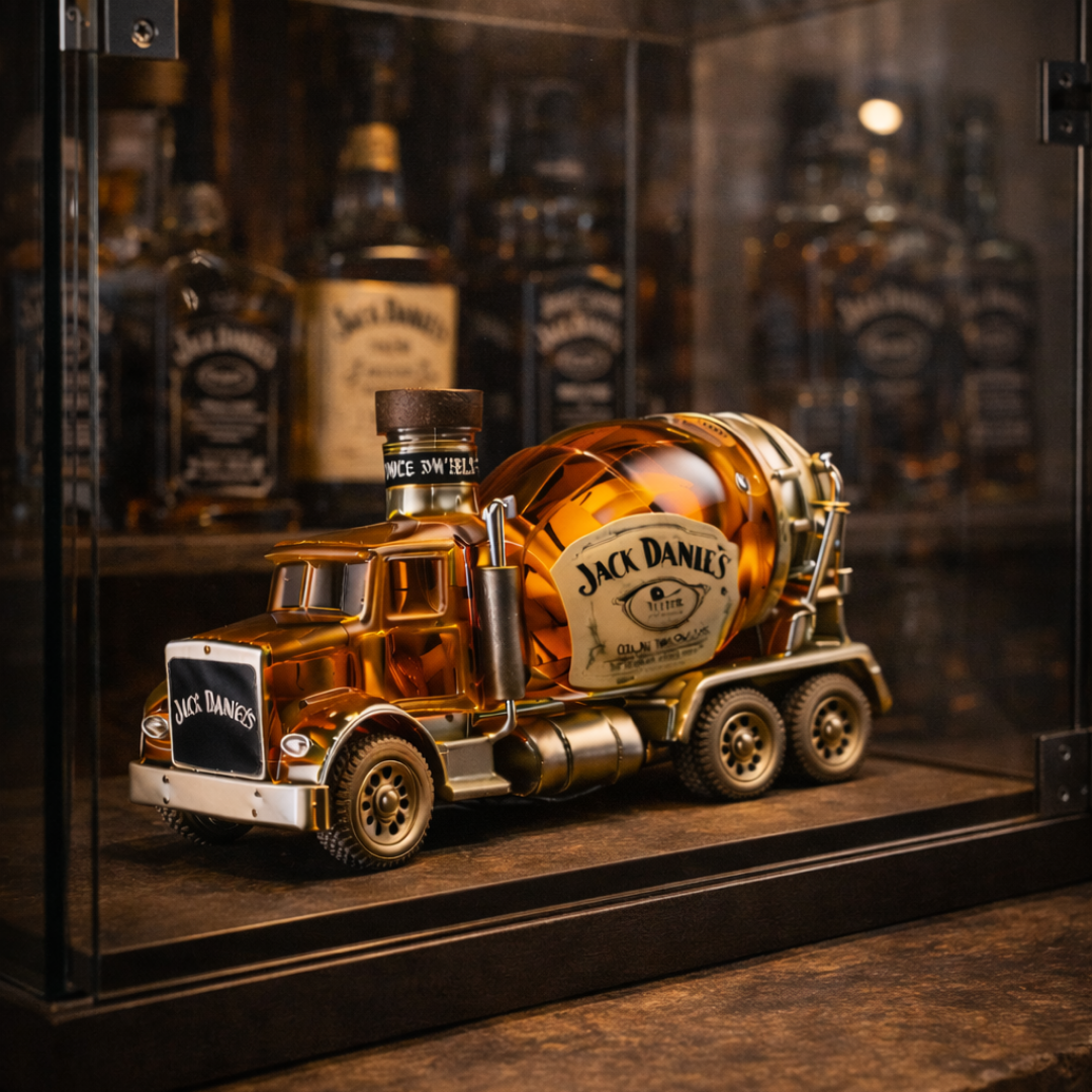Flasque à whisky Jack Daniel's Truck Edition de Danoir Paris, en acier inoxydable avec motif de camion, vue de face.