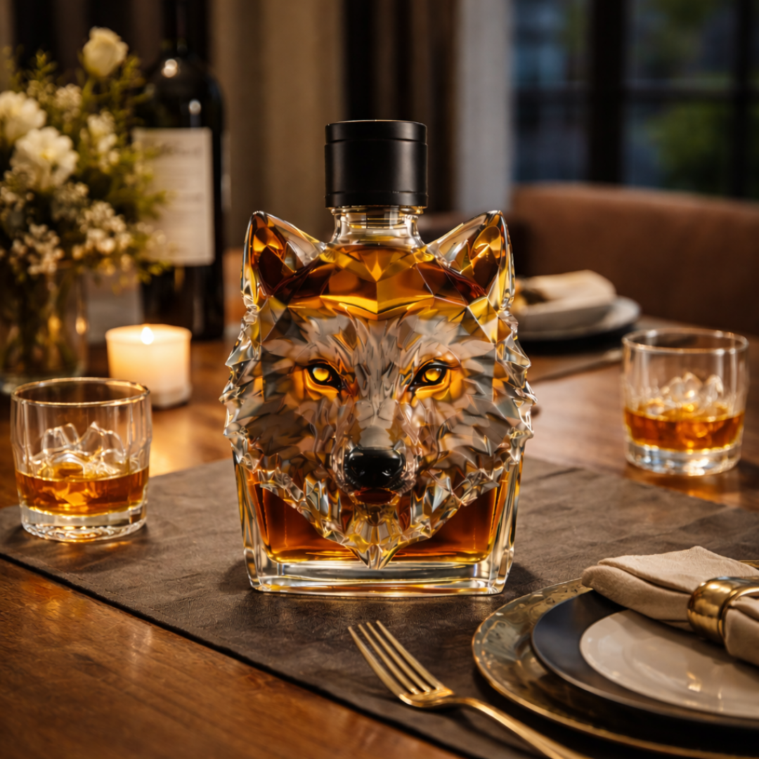 Flasque à whisky Danoir Paris en forme de tête de loup, contenant une bouteille de whisky élégante et originale.