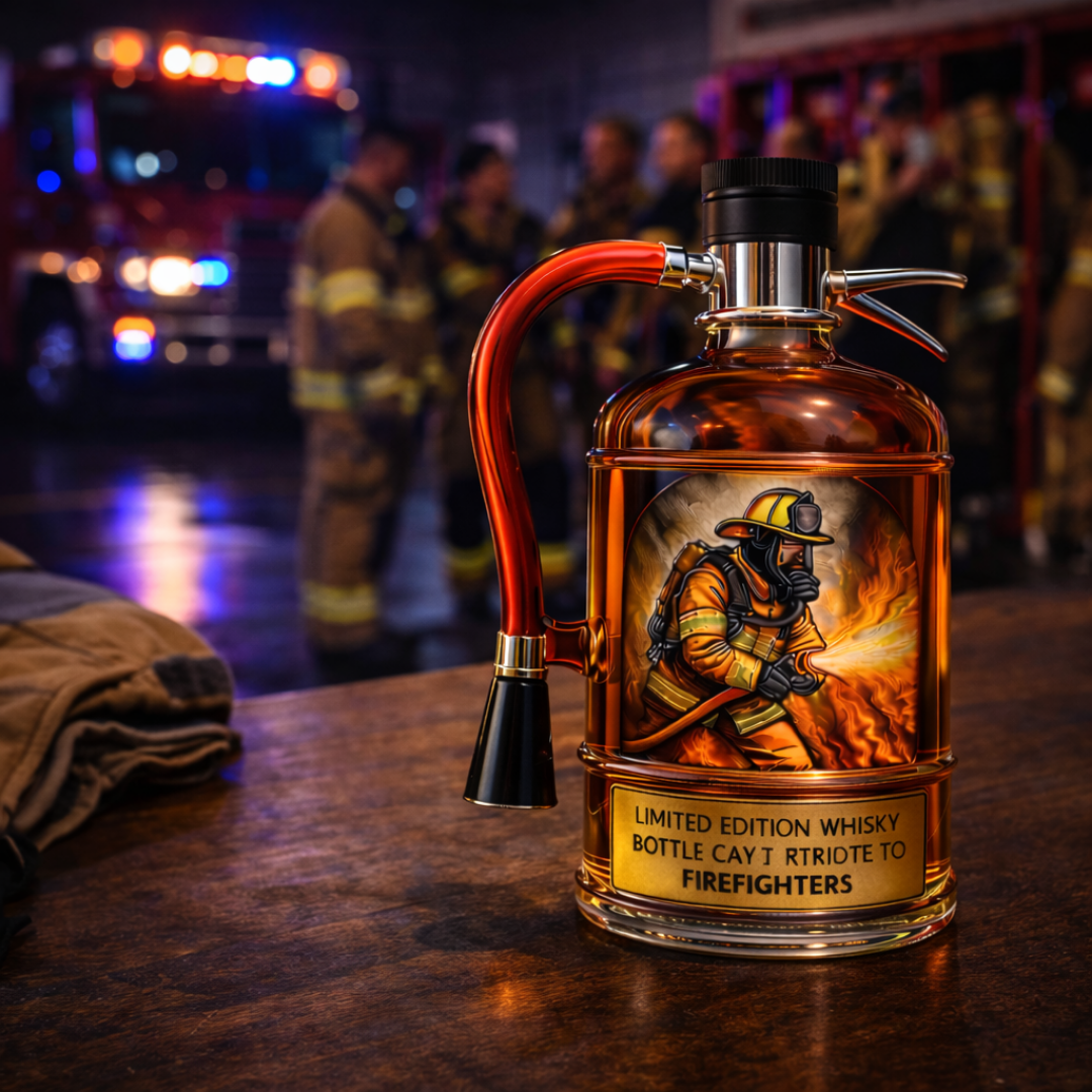 Flasque à whisky Danoir Paris en forme de extincteur, en acier inoxydable avec étiquette de whisky, pour la dégustation ou la collection.