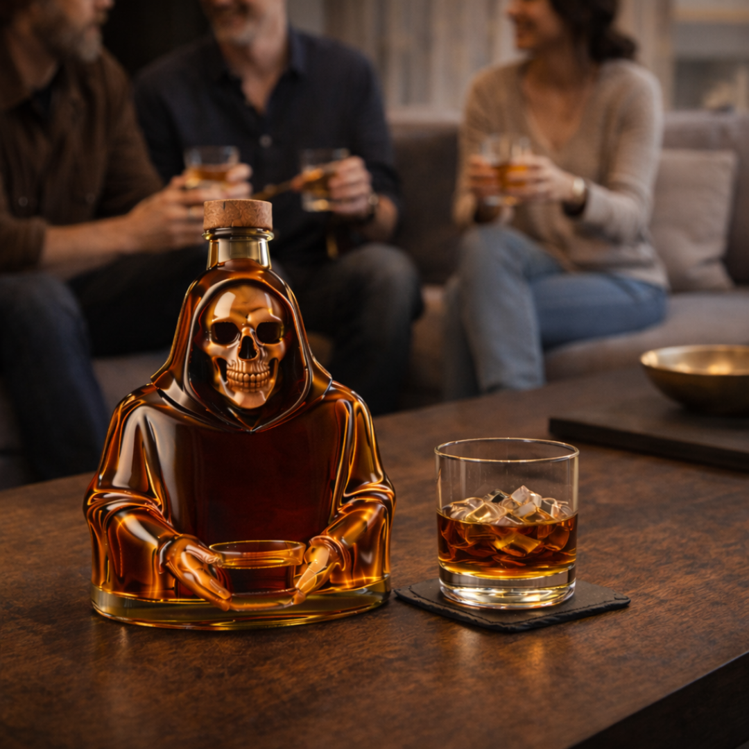 Flasque à whisky Danoir Paris Dood Edition spéciale, bouteille en verre avec logo et design élégant, vue de face.
