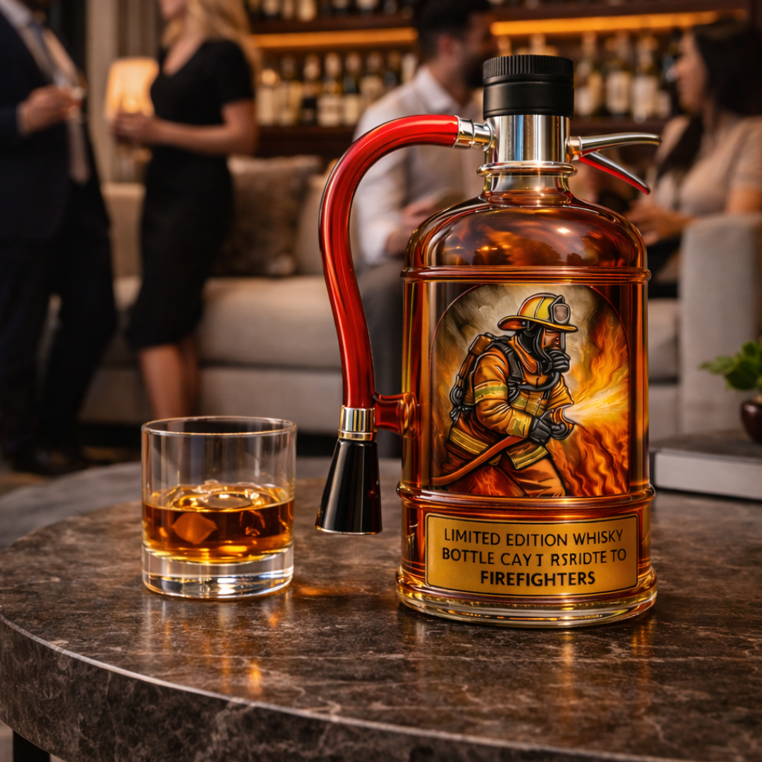 Flasque à whisky Danoir Paris en forme d'extincteur de feu, design unique et élégant, en acier inoxydable brillant.