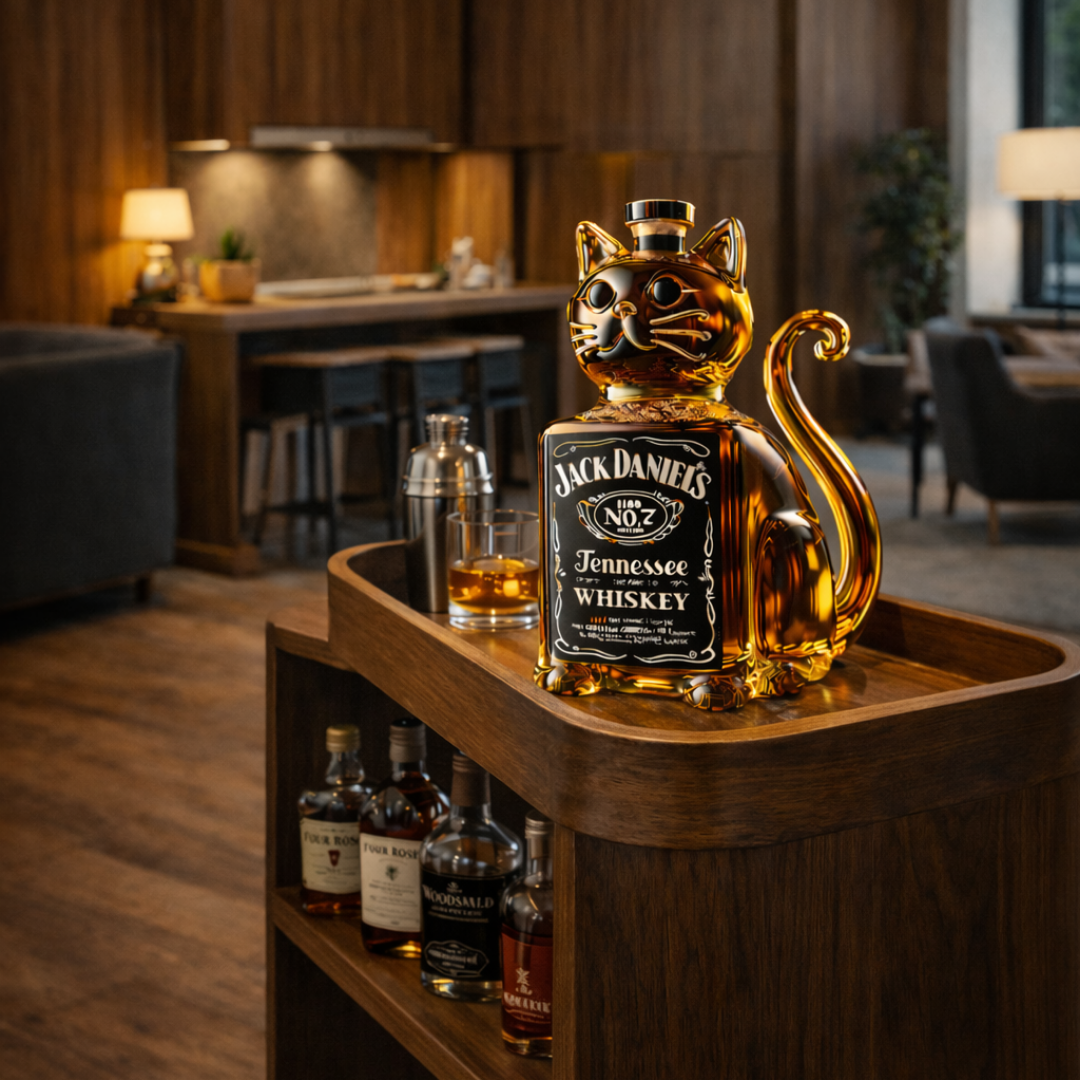 Flasque à whisky Danoir Paris édition chat, bouteille de whisky avec design félin, en métal brillant et élégante.