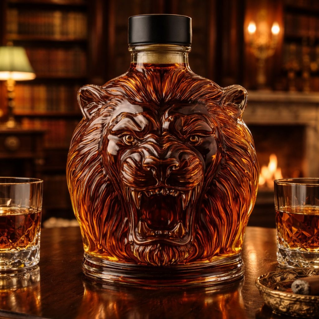 Flasque à whisky Danoir Paris édition spéciale Lion, bouteille de whisky en verre avec design élégant, vue de face.