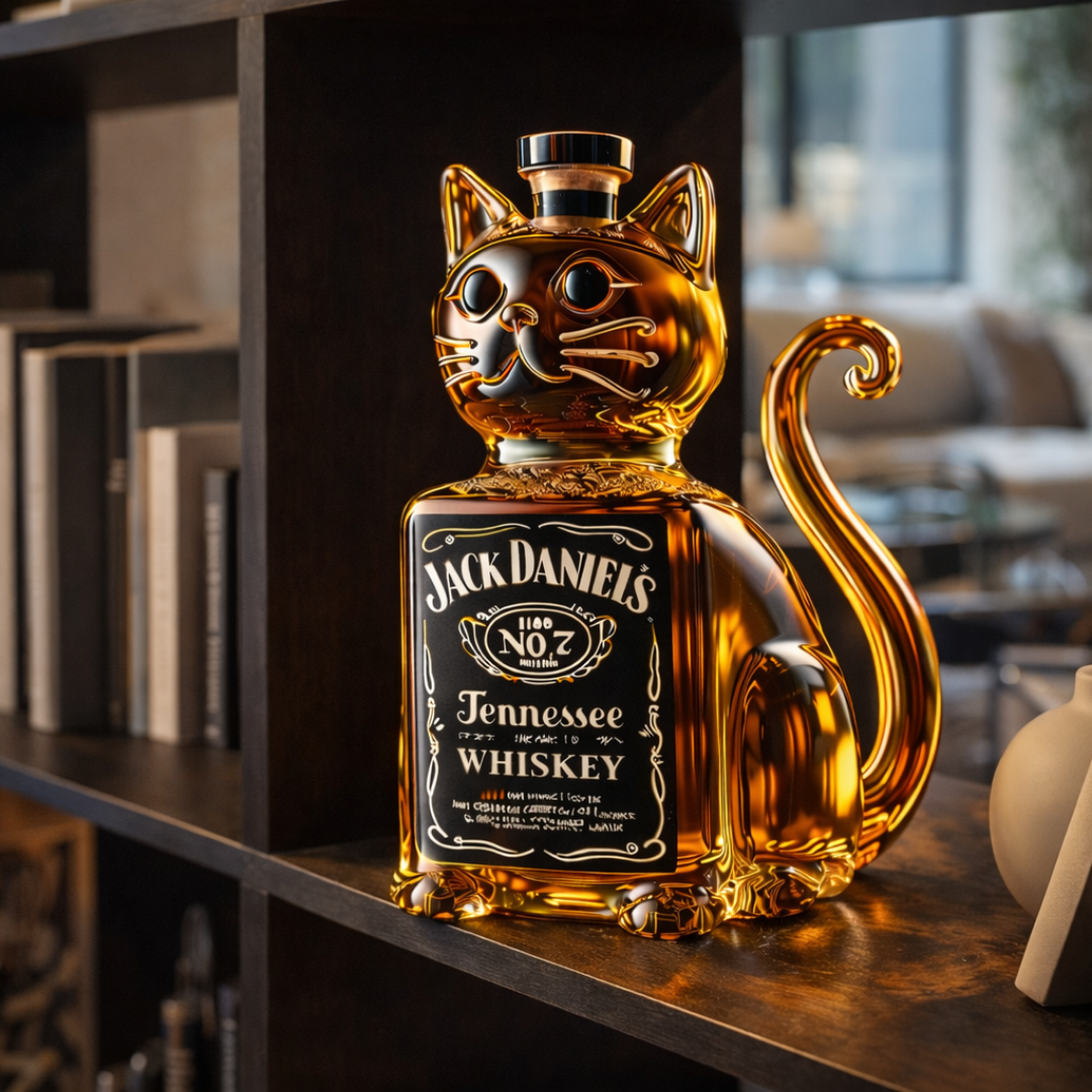 Flasque à whisky Danoir Paris édition chat, bouteille de whisky élégante avec design illustrant un chat, en verre transparent.