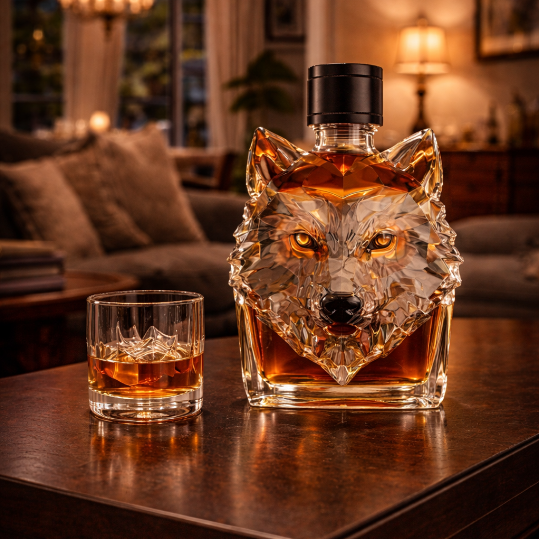Flasque à whisky Danoir Paris en forme de tête de loup, design élégant, en acier inoxydable, vue de face.