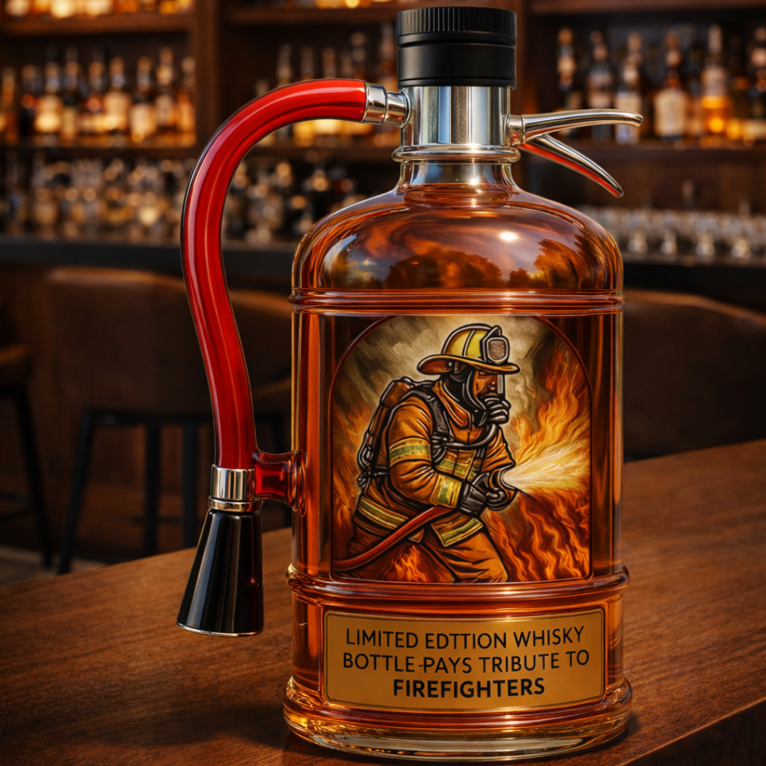 Flasque à whisky Danoir Paris en forme d'extincteur de feu, métal noir avec détails réalistes, pour collection ou usage élégant.