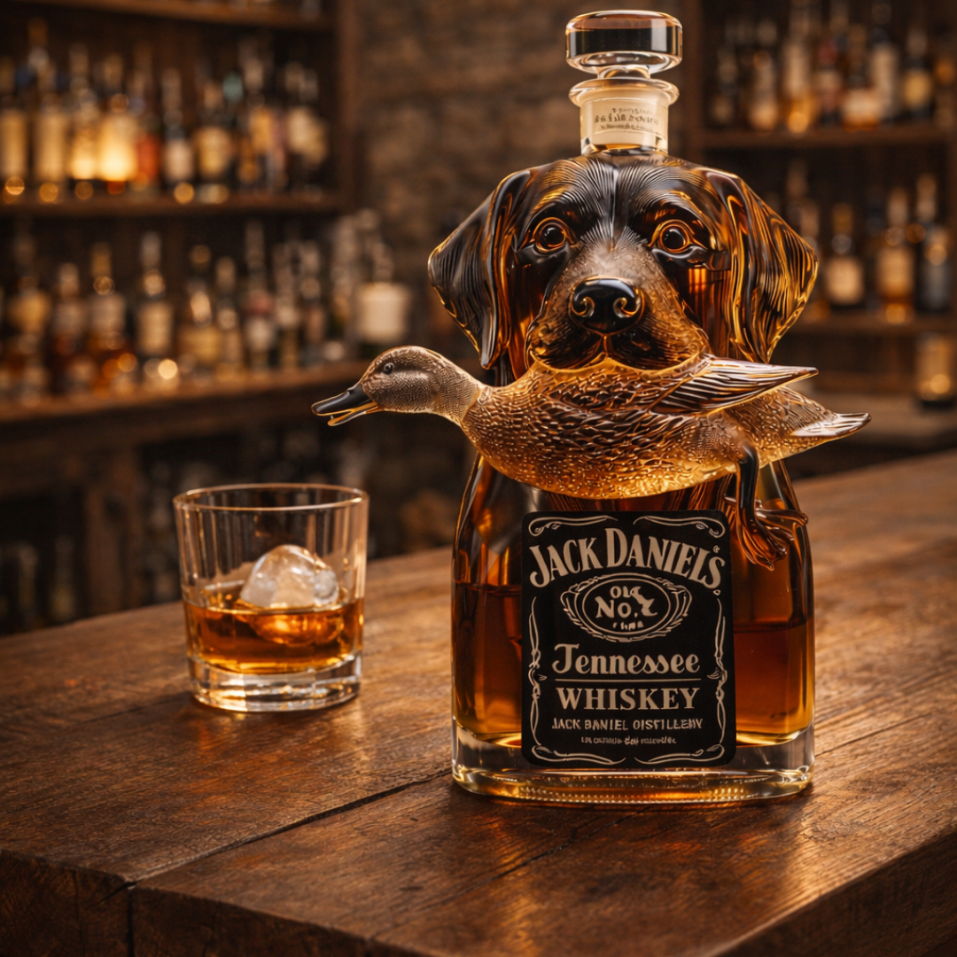 Flasque à whisky Danoir Paris édition Wild Goose, en verre avec bouchon en métal, design élégant et robuste.