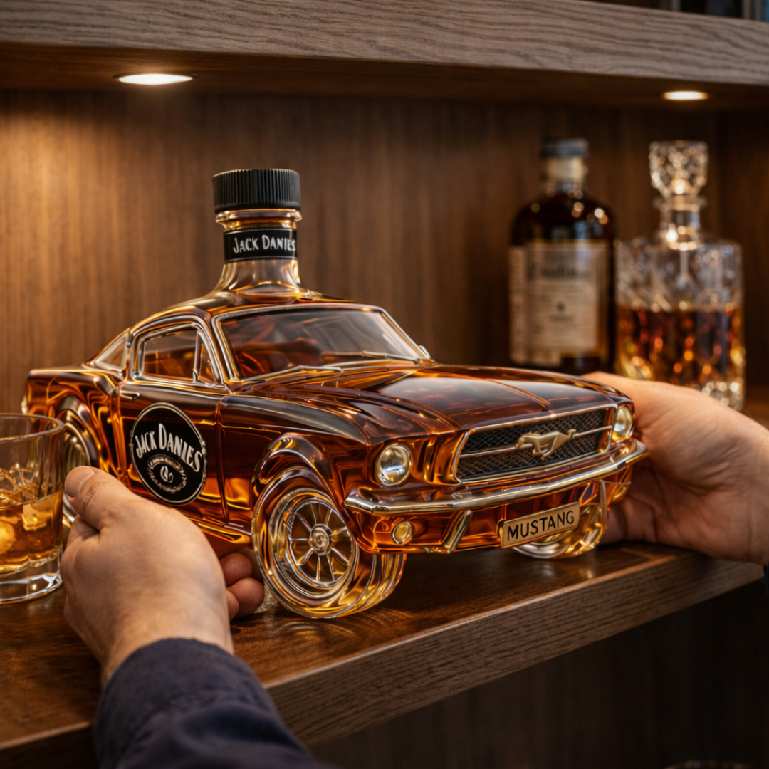 Flasque à whisky Danoir Paris Mustang Edition, bouteille en acier inoxydable avec design élégant, vue de face.