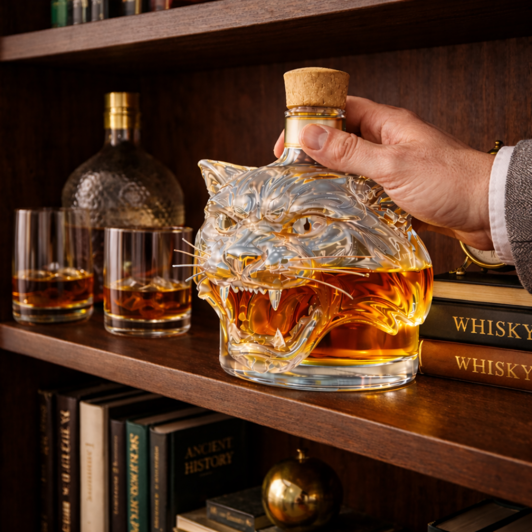 Flasque à whisky Danoir Paris édition Tiger, bouteille en verre avec design inspiré de la faune sauvage.