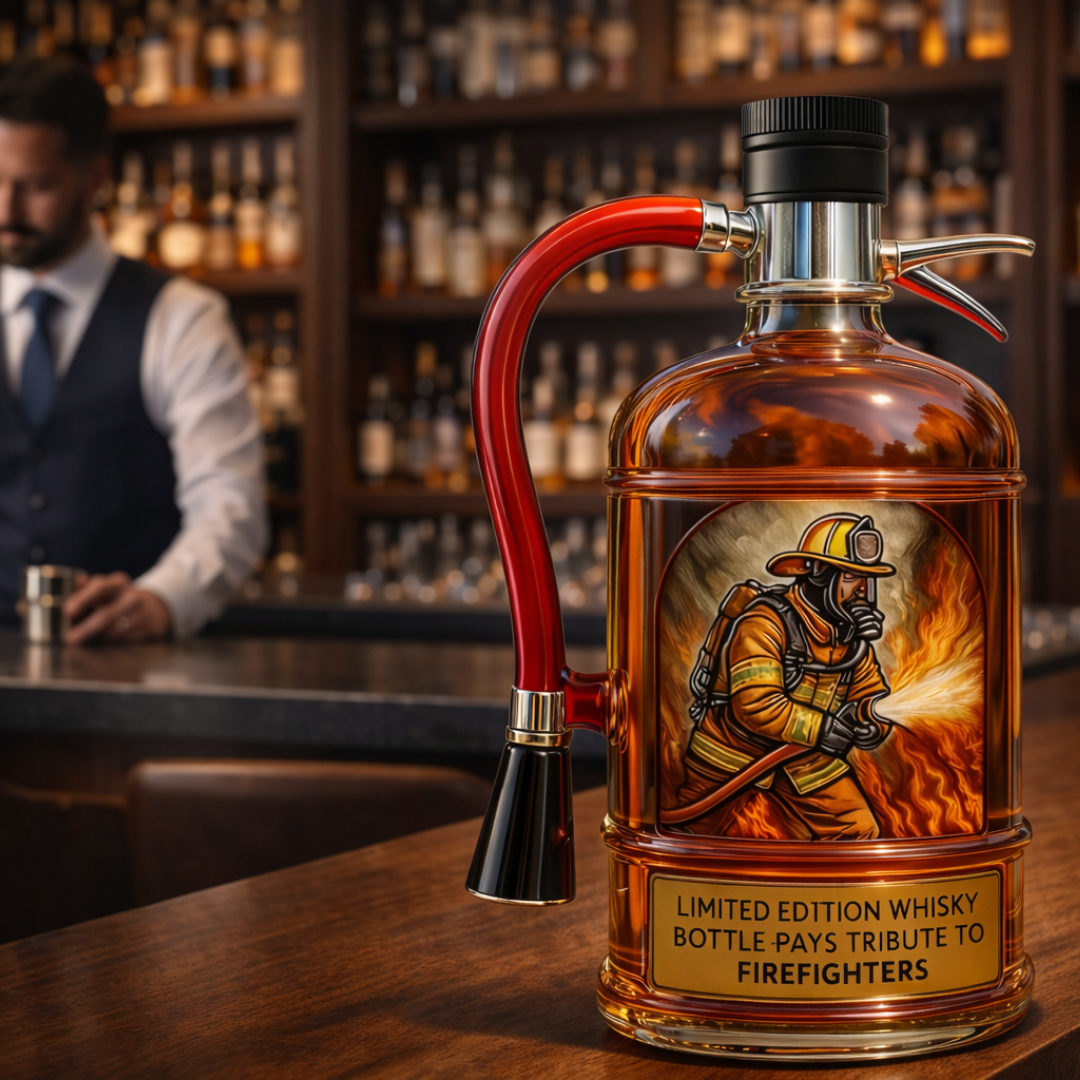 Flasque à whisky Danoir Paris en forme d'extincteur de feu, design unique, en acier inoxydable, visible avec détails de la bouteille de whisky.