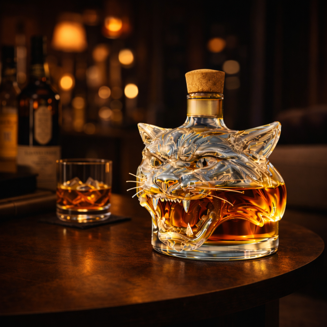 Flasque à whisky Danoir Paris édition Tiger, bouteille en verre avec design élégant et étiquette distinctive.