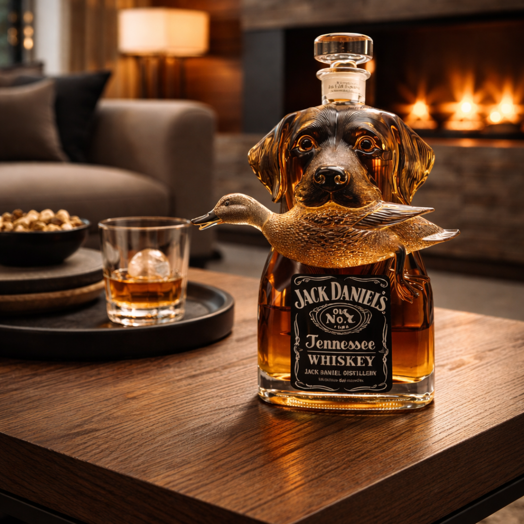 Flasque à whisky Danoir Paris édition Wild Goose, bouteille de whisky en verre avec étiquette colorée et bouchon métallique.