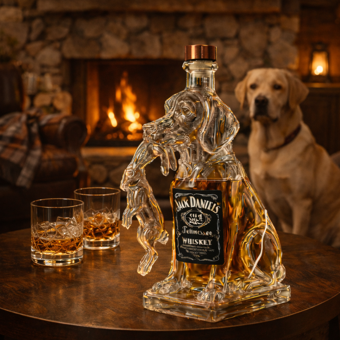 Flasque à whisky Danoir Paris en forme de chien, design original, métallisée avec détails artistiques.