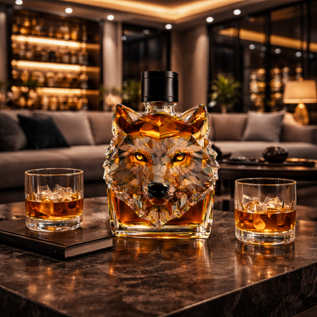 Flasque à whisky Danoir Paris avec tête de loup gravée, en acier inoxydable, élégante et résistante, vue de face.