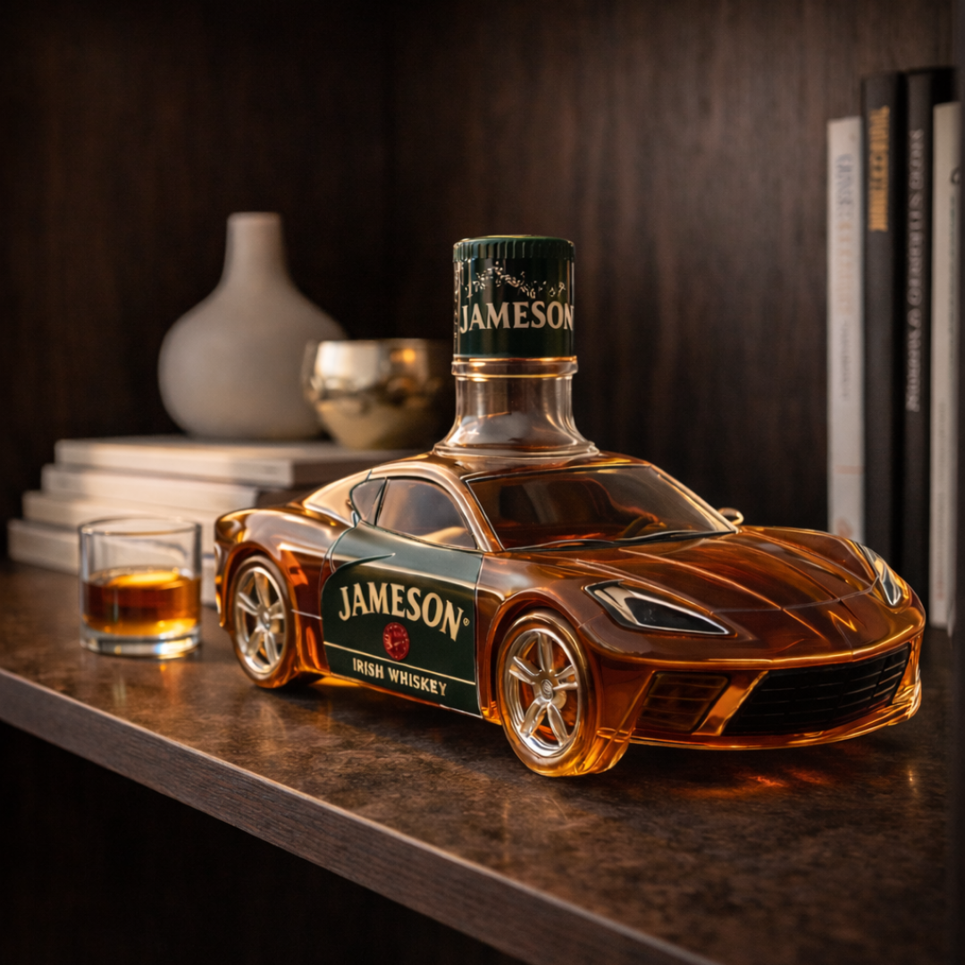 Flasque à whisky Danoir Paris Corvette Edition, en acier inoxydable avec design inspiré d'une voiture de sport, vue de face.