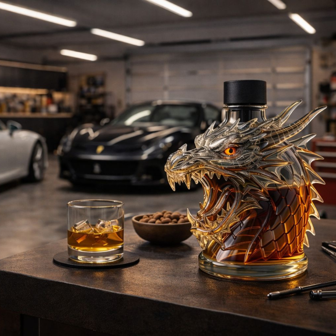 Flasque à whisky Danoir Paris Dragon, édition spéciale avec design de dragon, en verre transparent, vue de face.