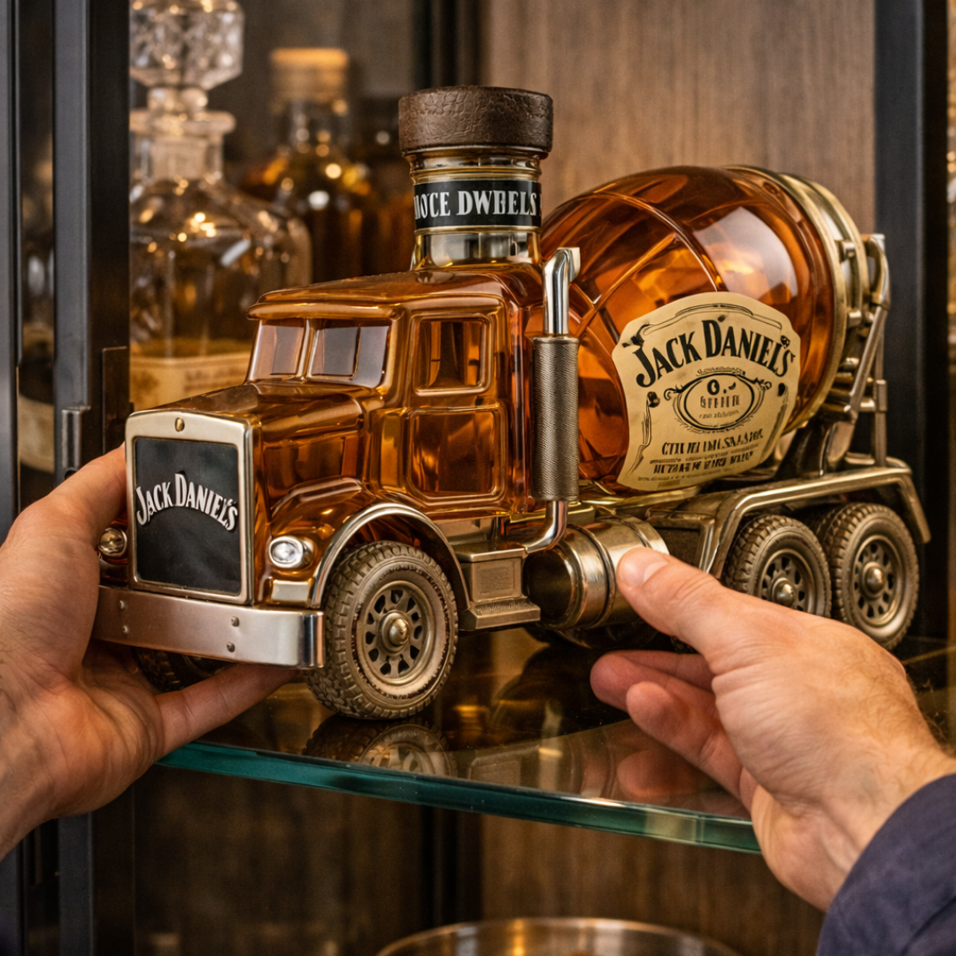 Flasque à whisky Jack Daniel's édition camion de Danoir Paris, bouteille en acier inoxydable avec logo emblématique, design robuste.