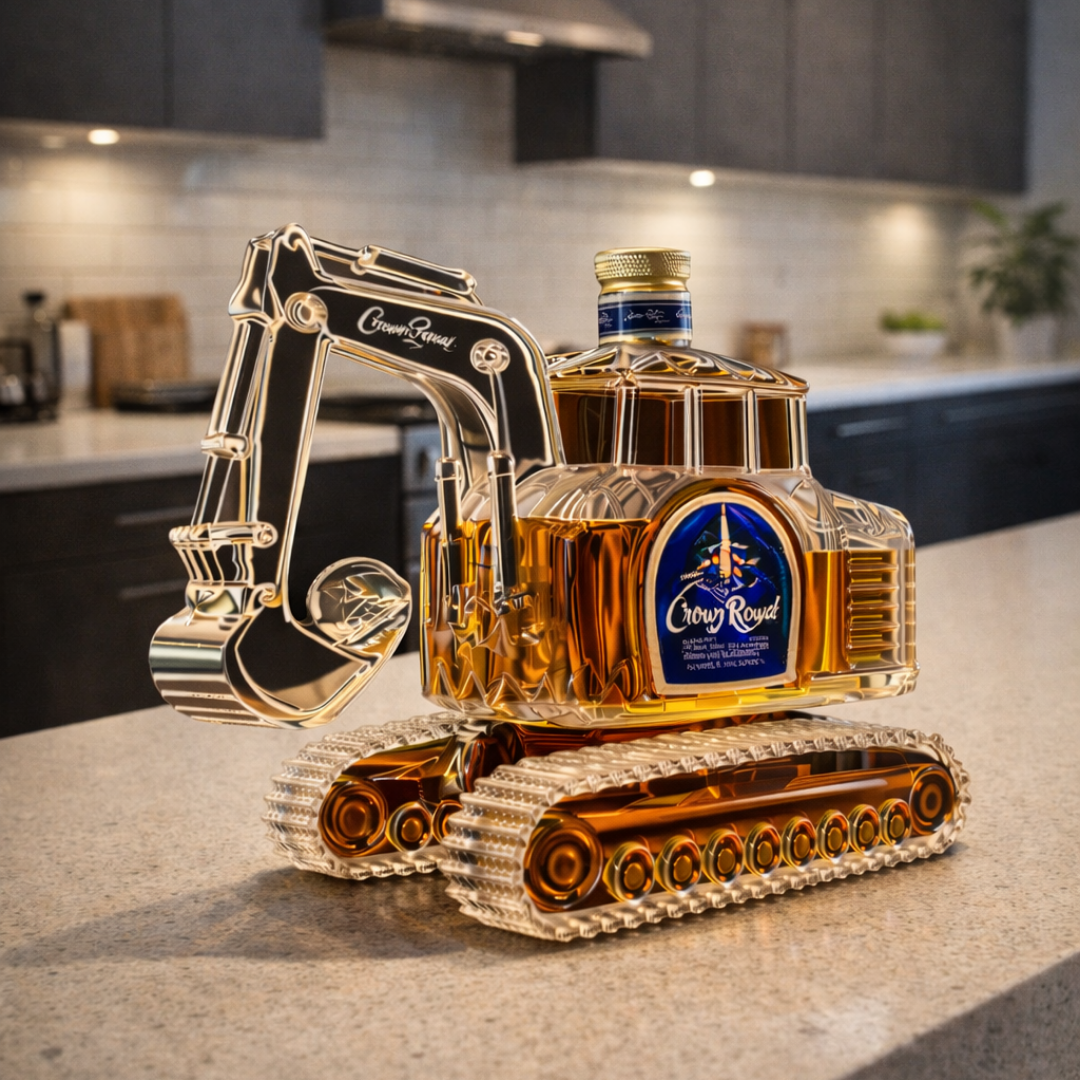 Flasque à whisky Danoir Paris en forme d'excavatrice, en acier inoxydable avec détails de camion excavatrice, pour collection ou usage.