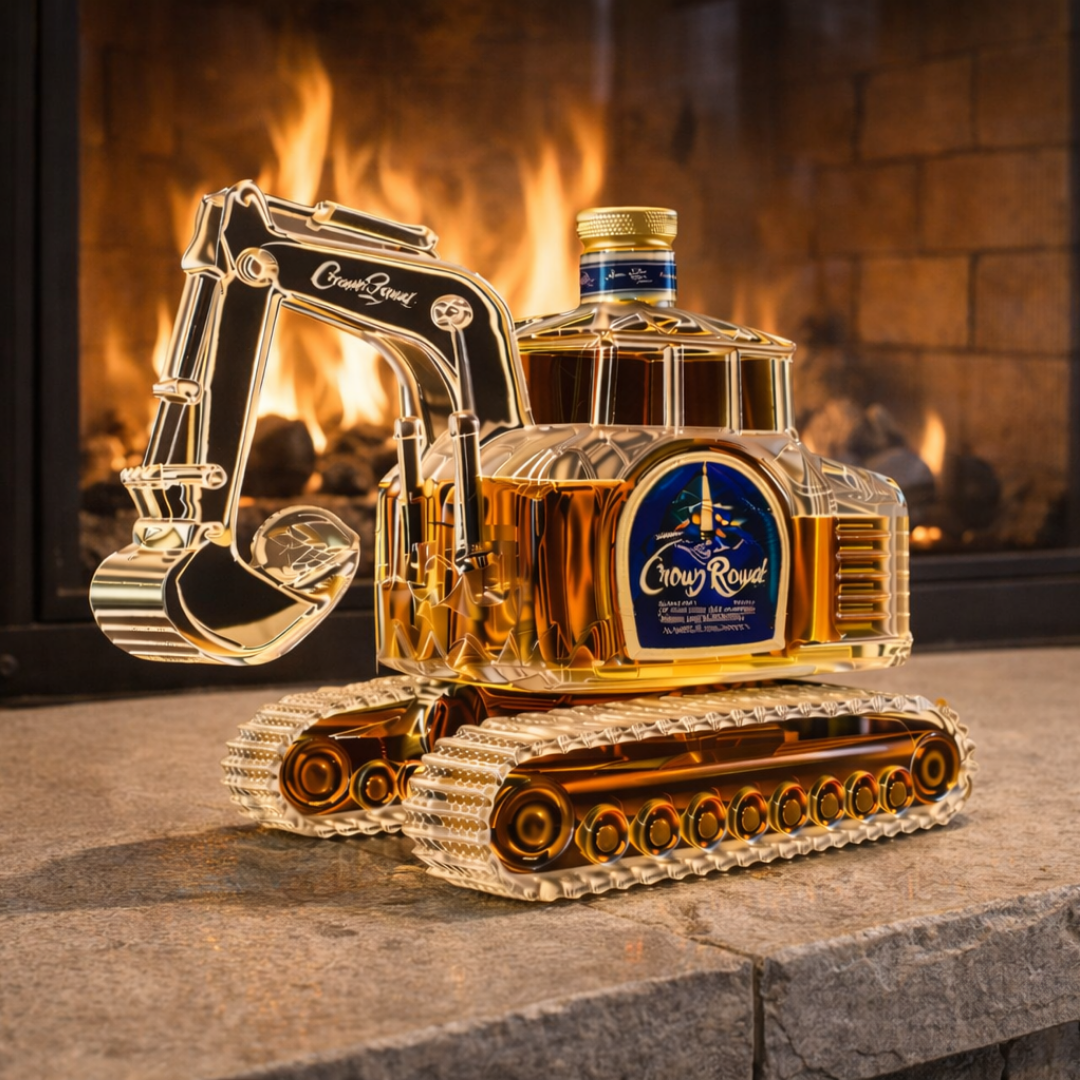 Flasque à whisky Danoir Paris en forme d'excavatrice, bouteille en métal avec design détaillé, idéal pour les amateurs de modélisme.