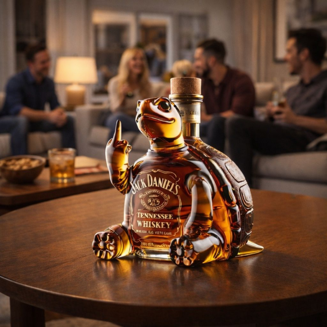 Flasque à whisky Jack Daniel's Turtle en édition limitée, fabriquée par Danoir Paris, avec motif de tortue en métal.