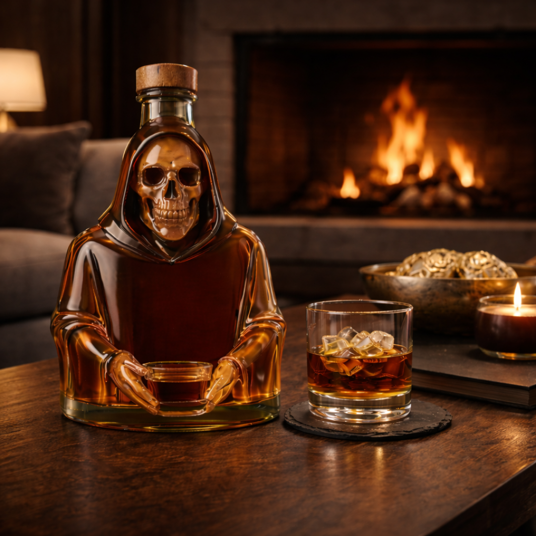 Flasque à whisky Danoir Paris édition spéciale Dood, bouteille en verre avec étiquette élégante, vue de face.