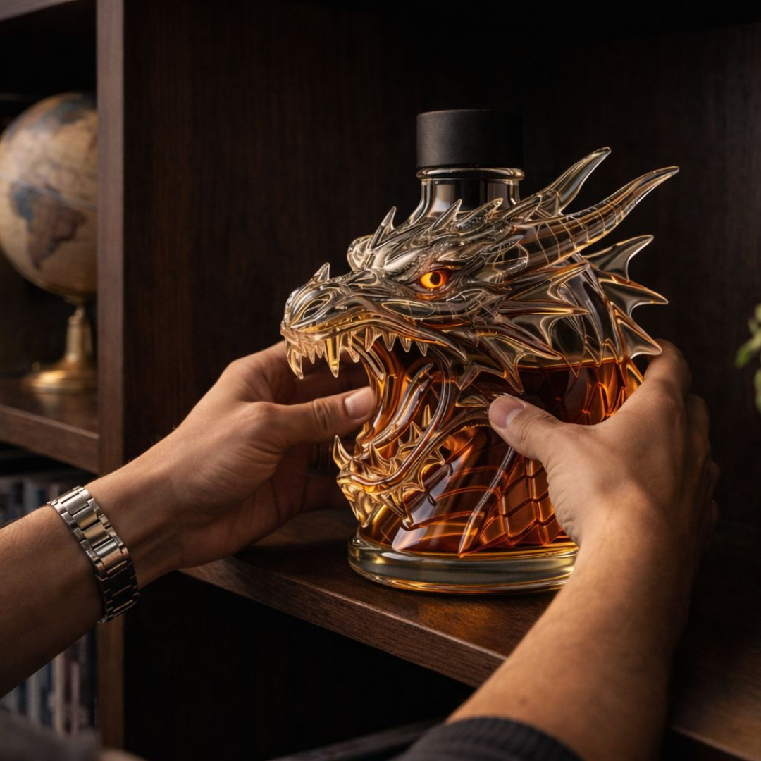 Flasque à whisky Danoir Paris Dragon édition spéciale, bouteille en verre avec design de dragon, élégante et unique.