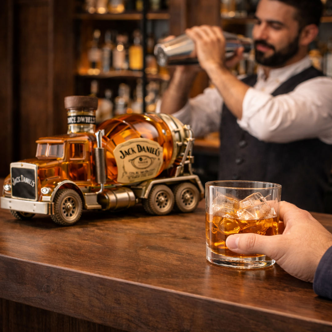 Flasque à whisky Jack Daniel's Truck Edition de Danoir Paris avec design de camion en détail, en acier inoxydable.