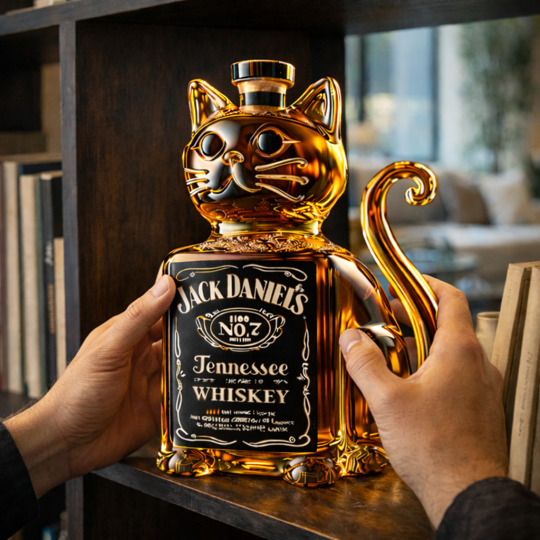 Flasque à whisky Danoir Paris édition chat, bouteille en verre avec motif de chat, design élégant et original.