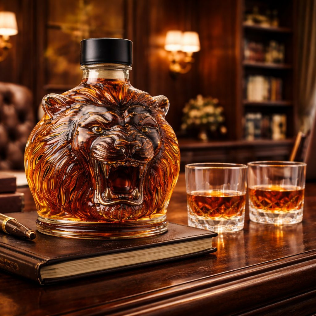 Flasque à whisky Danoir Paris édition Lion spéciale, bouteille en verre avec design lion orné, pour dégustation ou collection.