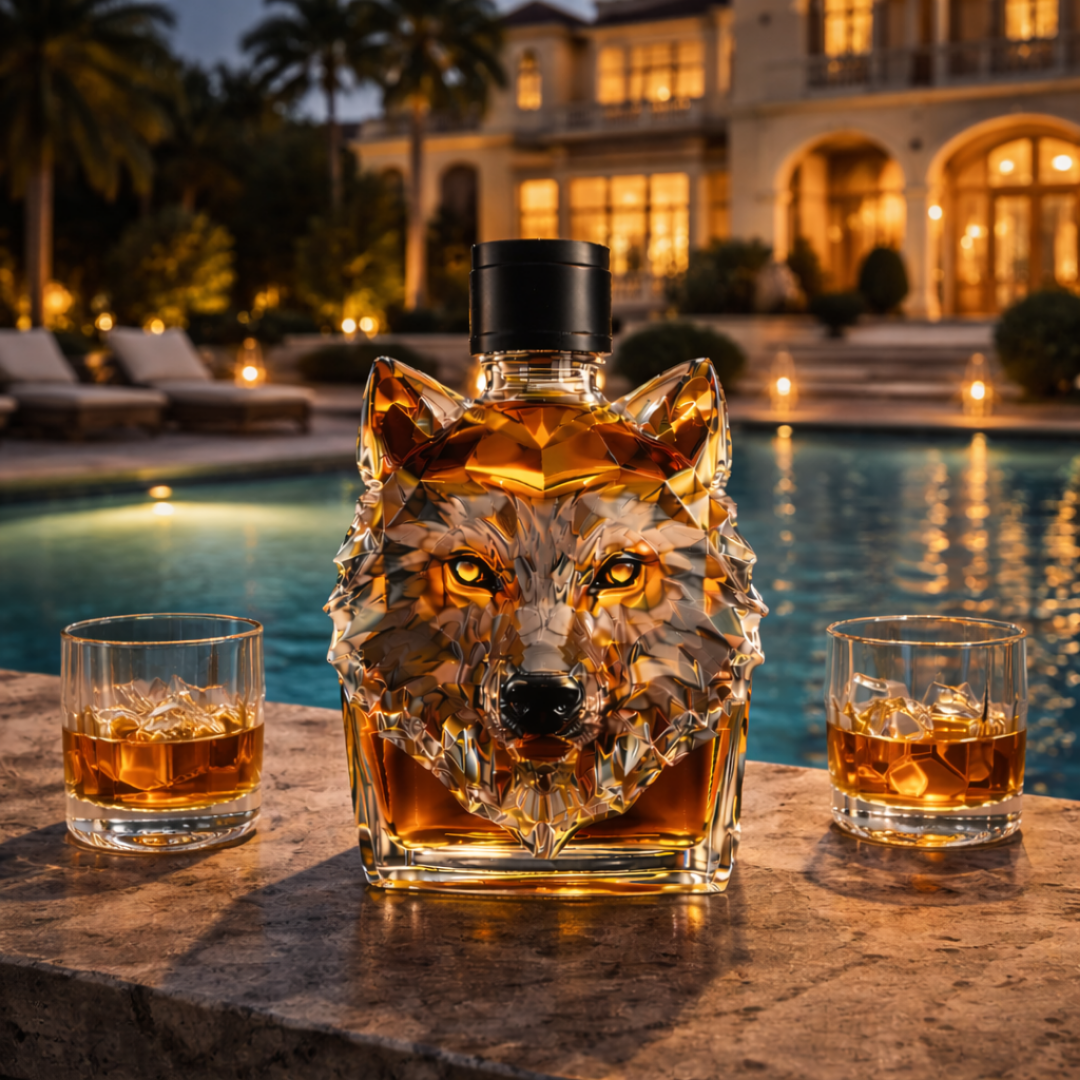Bouteille de whisky Danoir Paris en flasque avec design tête de loup, en métal noir, vue de face.