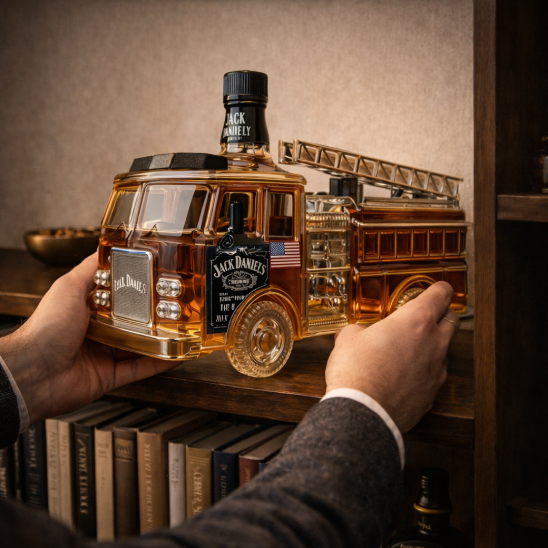 Flasque à whisky Jack Daniel's édition spéciale pompiers, marque Danoir Paris, avec design illustrant le thème des pompiers.