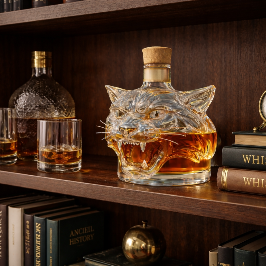 Flasque à whisky Danoir Paris édition Tigre, bouteille de whisky en verre avec design tigre, vue de face.