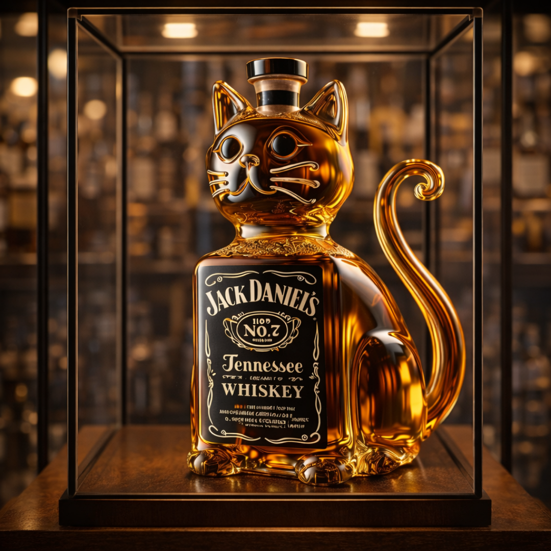 Flasque de whisky Danoir Paris édition chat, bouteille de whisky avec design original, vue de face sur fond blanc.