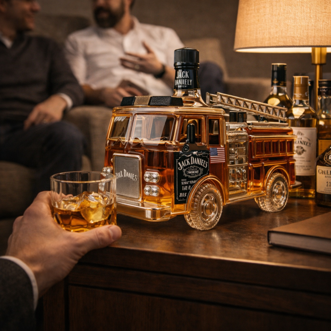 Flasque à whisky Jack Daniel's édition spéciale pompiers, marque Danoir Paris, avec design illustrant des pompiers en action.