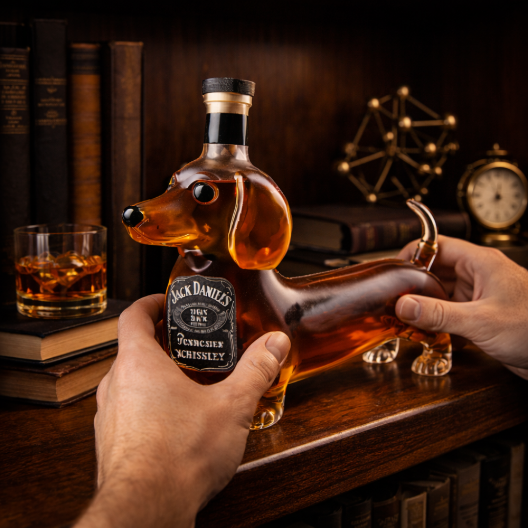 Flasque à whisky Jack Daniel's Dachshund Edition de Danoir Paris, en acier inoxydable avec design de chien teckel.