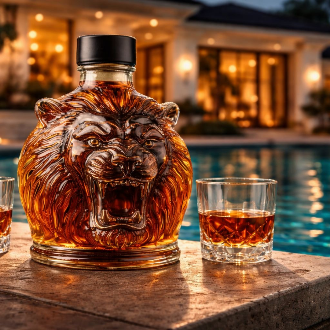 Flasque à whisky Danoir Paris édition Lion spéciale, bouteille de whisky avec design unique, visible en gros plan.
