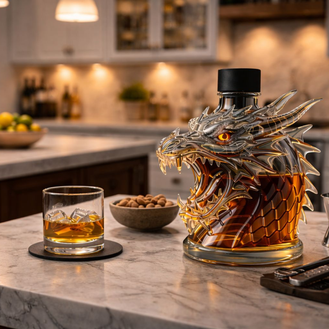 Flasque à whisky Danoir Paris édition spéciale Dragon, bouteille de whisky en verre avec design dragon détaillé.