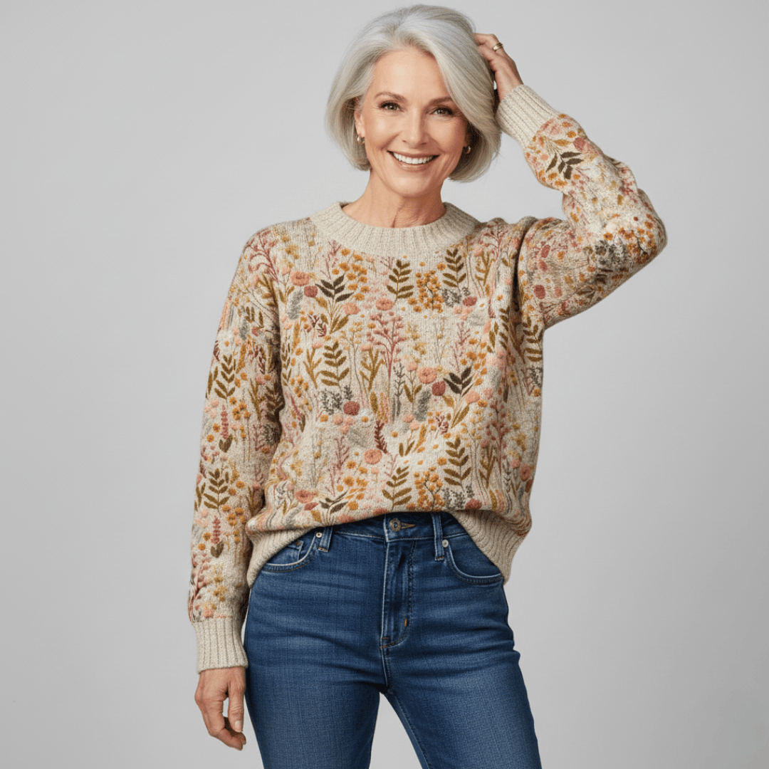 Pull floral élégant Tina de Danoir Paris, modèle FR1107, avec motif fleuri coloré et design chic, porté en style décontracté.