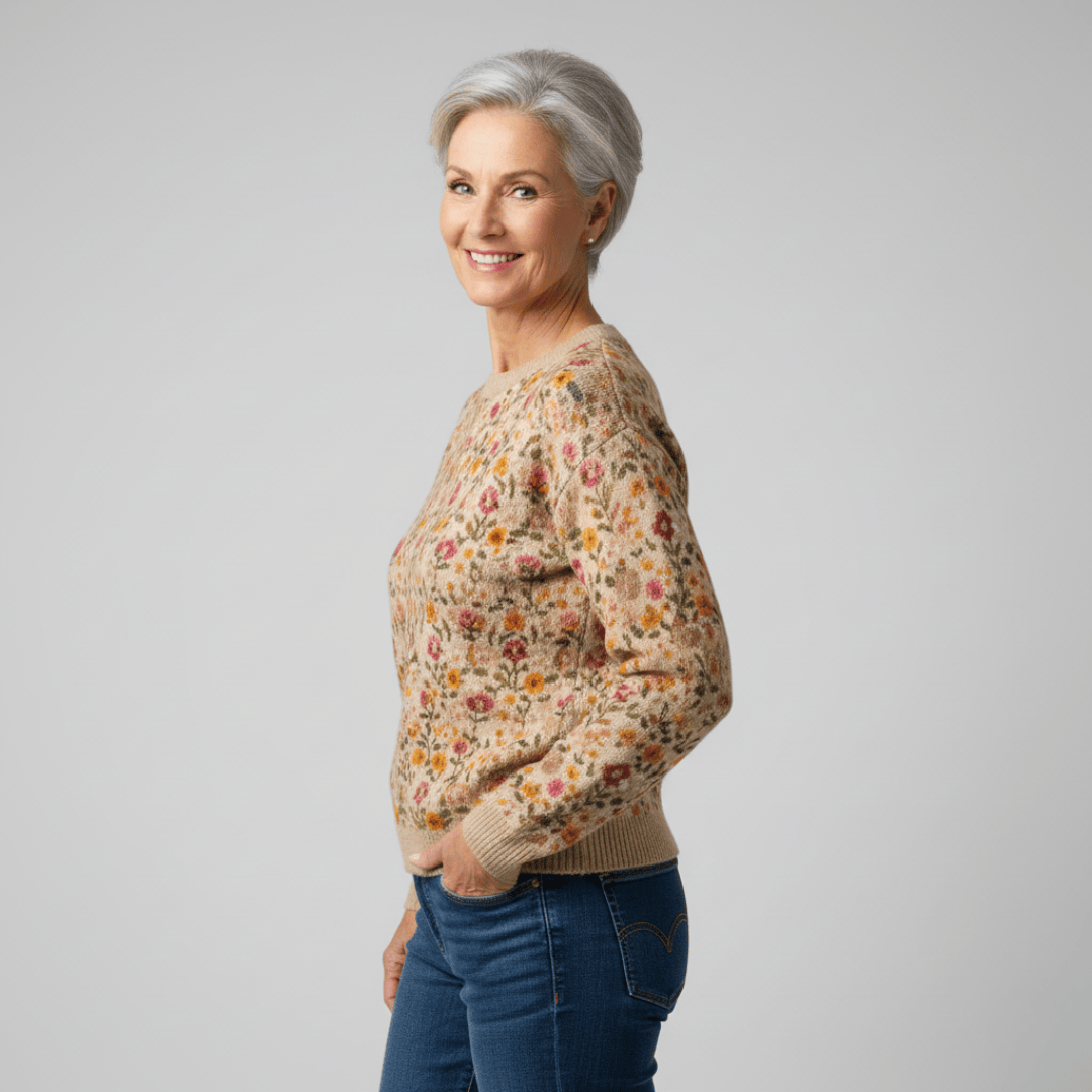 Pull floral élégant Tina de Danoir Paris, modèle FR1107, avec motifs floraux colorés porté par un mannequin.