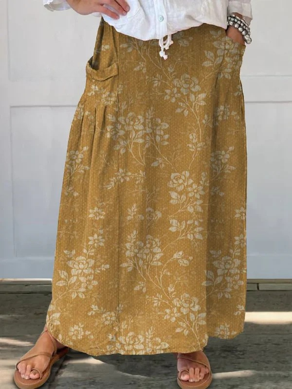 Jupe vintage à fleurs Princess™ avec taille élastique, poches, marque Danoir Paris, tissu léger et style élégant.