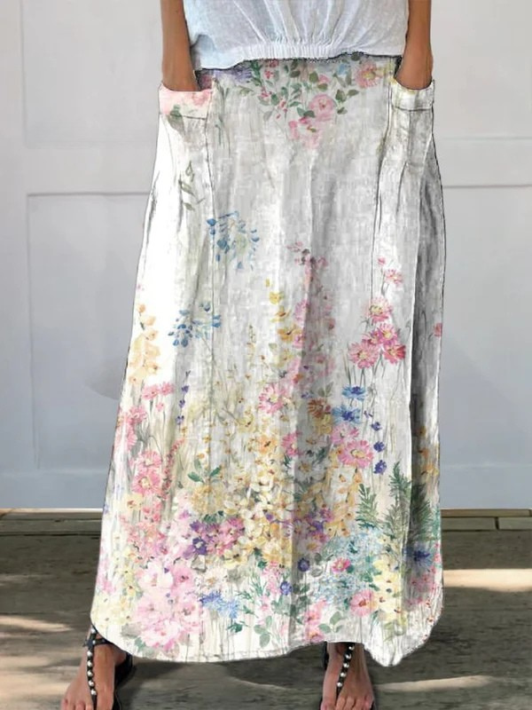 Jupe portefeuille vintage florale Danoir Paris Roxane™ avec taille élastique et poches, motif botanique élégant.