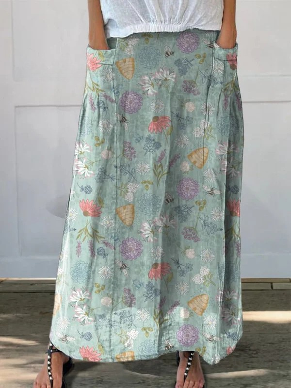 Jupe à poche Daisy™ de Danoir Paris avec motif floral print et abeille bumblebee, style printanier élégant.