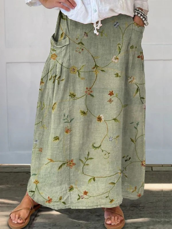 Jupe courte à taille élastique avec motif floral rétro, poche pratique, de la marque Danoir Paris, style vintage et féminin.
