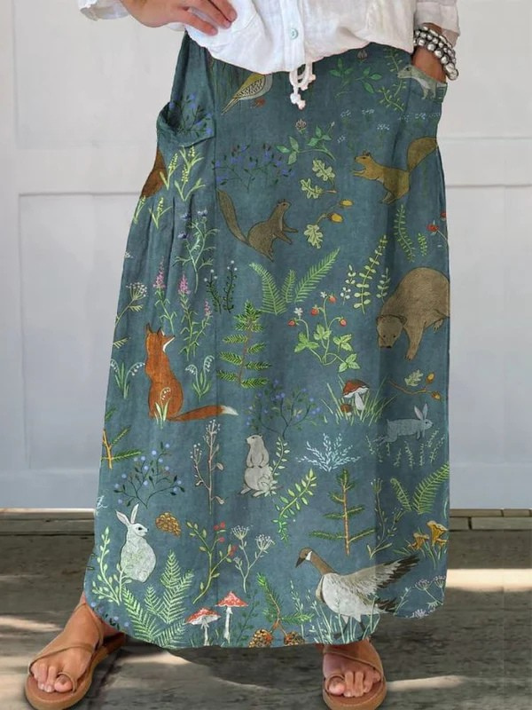 Jupe décontractée à poche avec motif floral animal rétro, élégante et tendance, de la marque Danoir Paris.